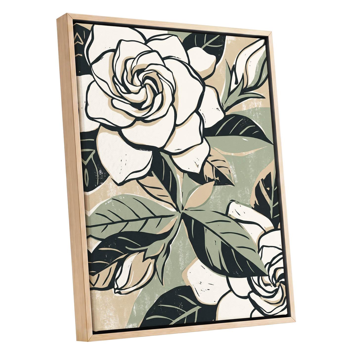 Ivory Rose Reverie, white, green, black floral wall art shown as a oak framed canvas wall art