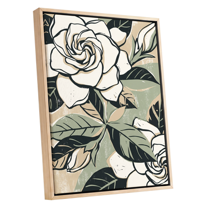 Ivory Rose Reverie, white, green, black floral wall art shown as a oak framed canvas wall art