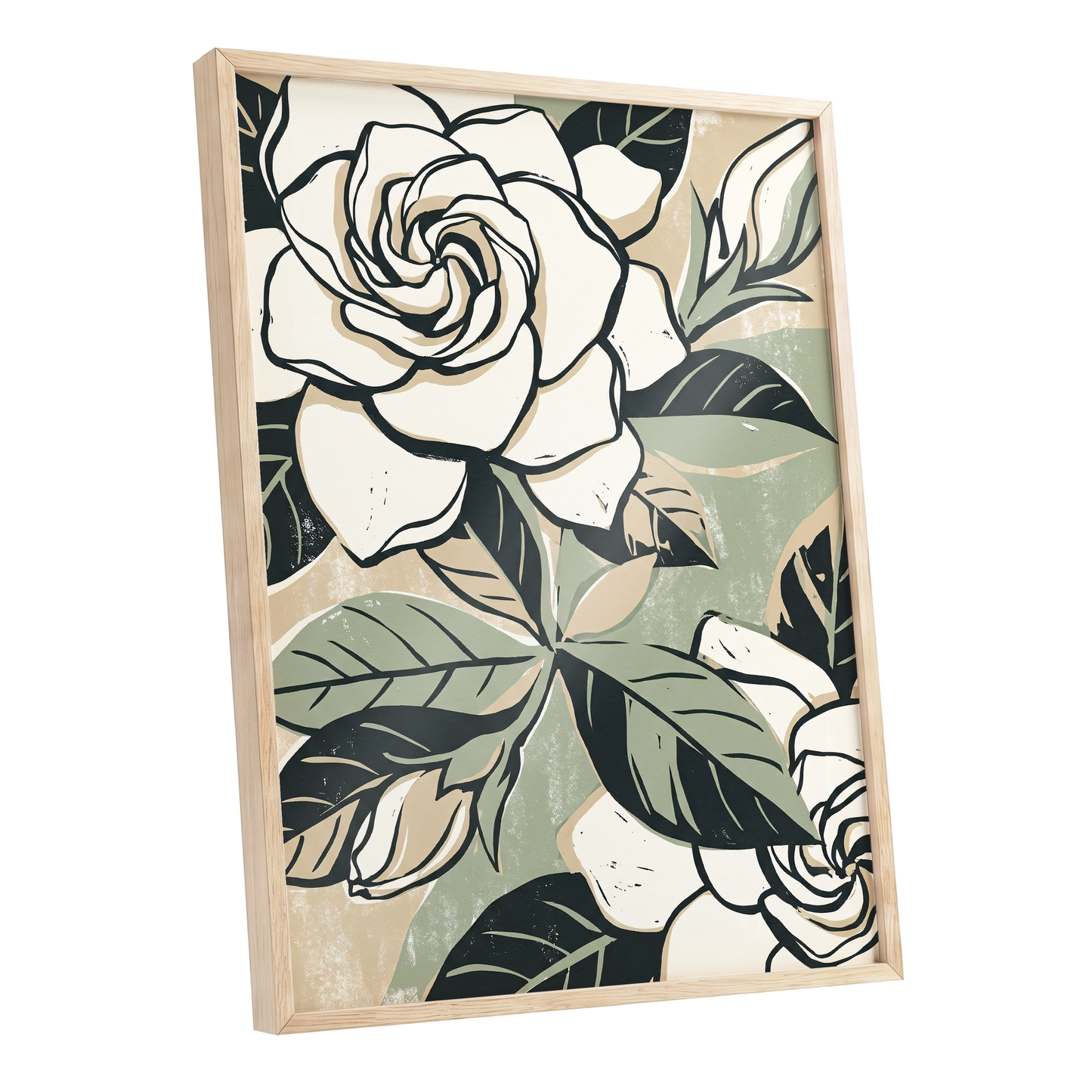 Ivory Rose Reverie, white, green, black floral wall art shown as a oak framed poster wall art print