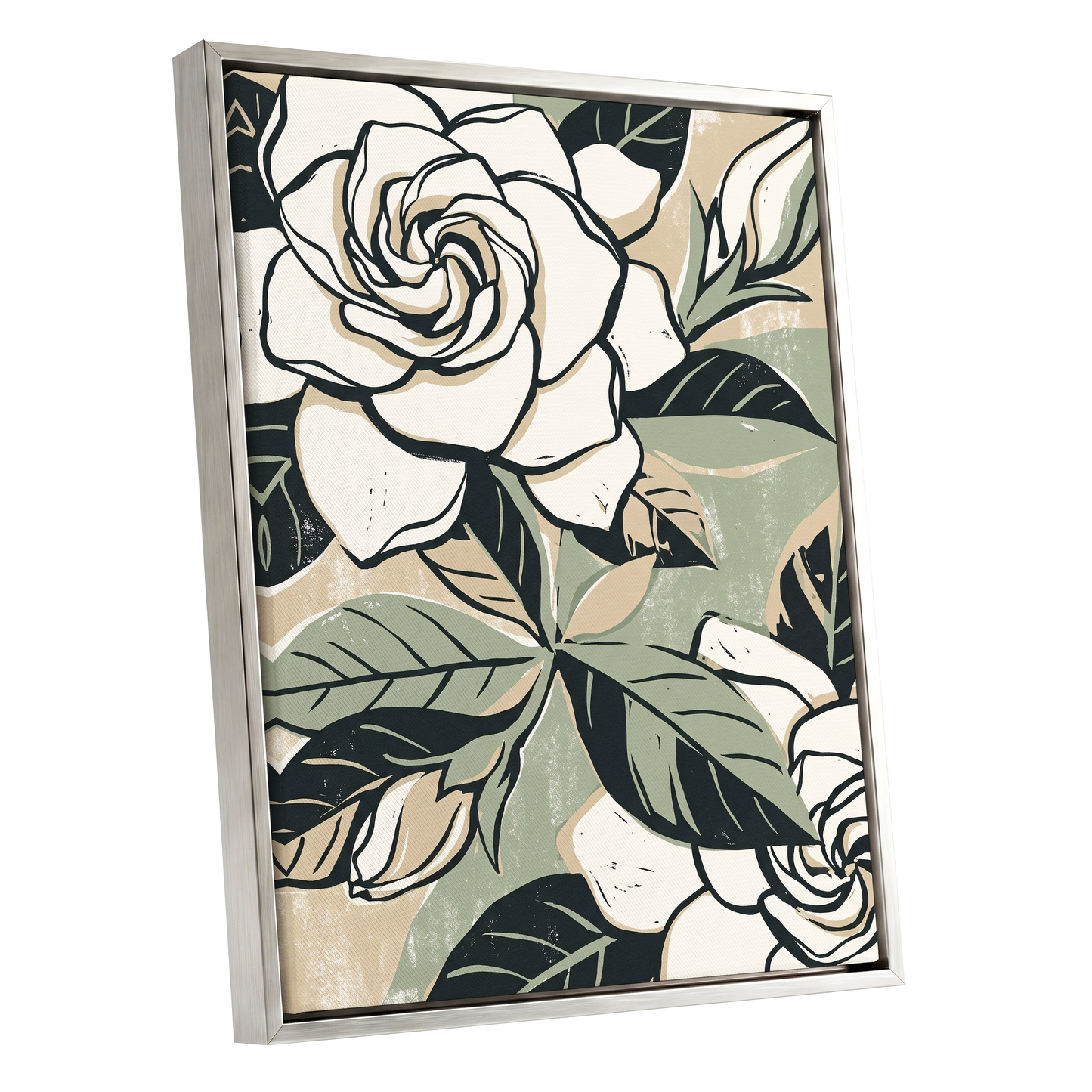 Ivory Rose Reverie, white, green, black floral wall art shown as a silver framed canvas wall art