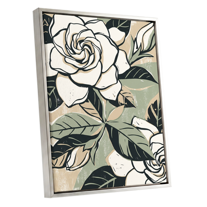 Ivory Rose Reverie, white, green, black floral wall art shown as a silver framed canvas wall art