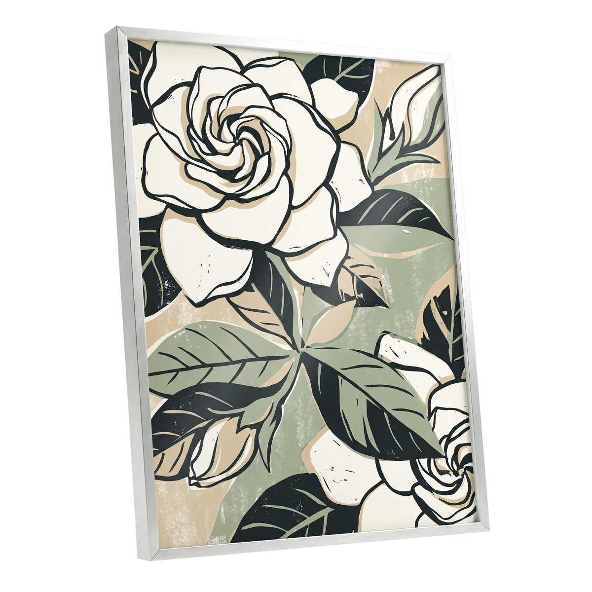 Ivory Rose Reverie, white, green, black floral wall art shown as a silver framed poster wall art print