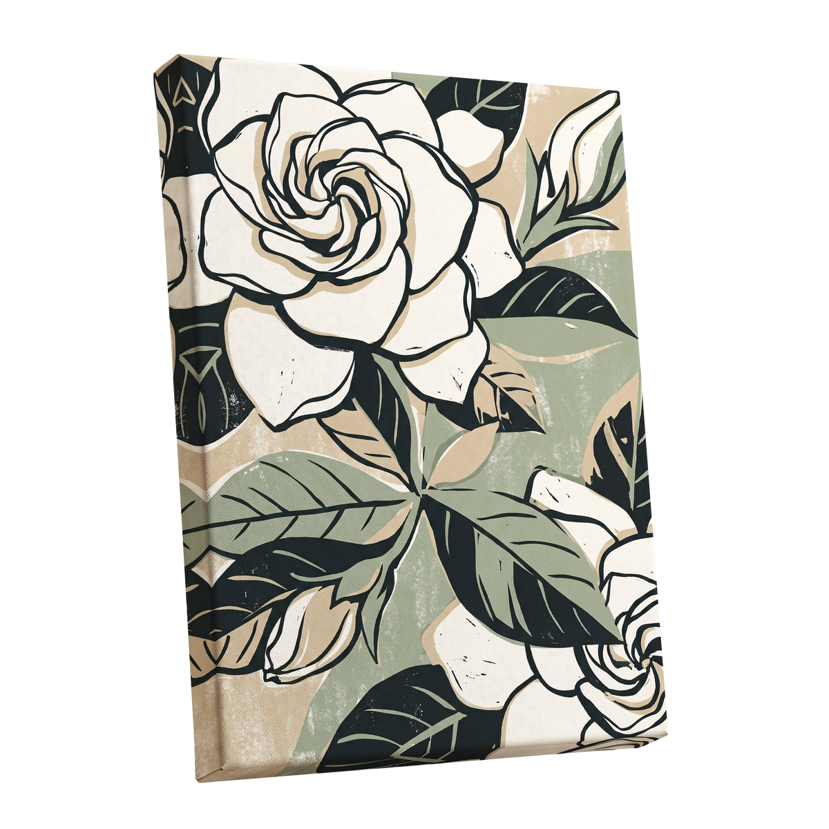 Ivory Rose Reverie, white, green, black floral wall art shown as a stretched canvas wall art