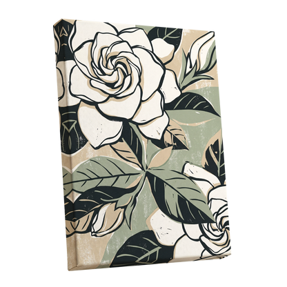 Ivory Rose Reverie, white, green, black floral wall art shown as a stretched canvas wall art