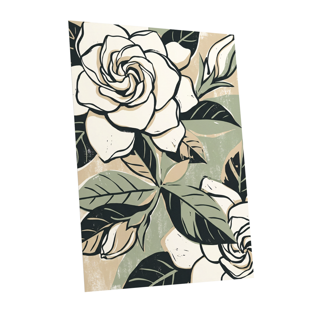 Ivory Rose Reverie, white, green, black floral wall art shown as a unframed poster wall art print