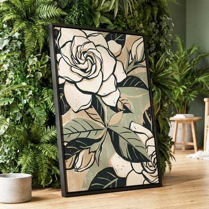 Ivory Rose Reverie, white, green, black floral wall art displayed in a styled interior, gallery view 1