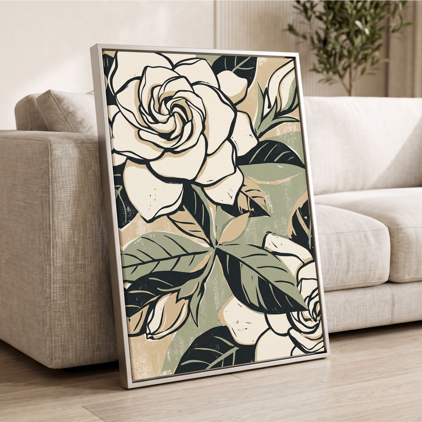 Ivory Rose Reverie, white, green, black floral wall art displayed in a styled interior, gallery view 2