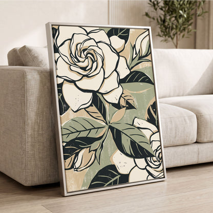 Ivory Rose Reverie, white, green, black floral wall art displayed in a styled interior, gallery view 2