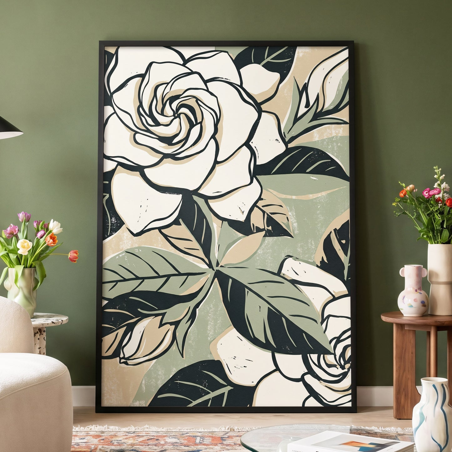 Ivory Rose Reverie, white, green, black floral wall art displayed in a styled interior, gallery view 4
