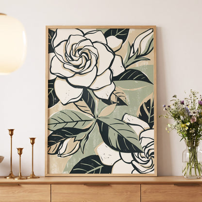Ivory Rose Reverie, white, green, black floral wall art displayed in a styled interior, gallery view 5