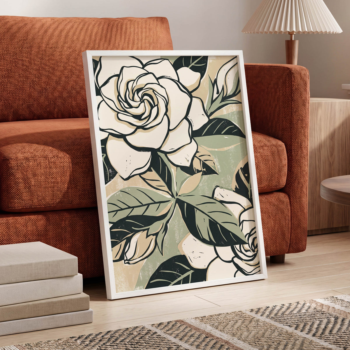 Ivory Rose Reverie, white, green, black floral wall art displayed in a styled interior, gallery view 6