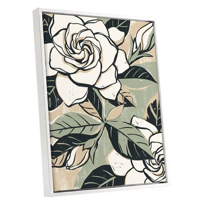 Ivory Rose Reverie, white, green, black floral wall art shown as a white framed canvas wall art