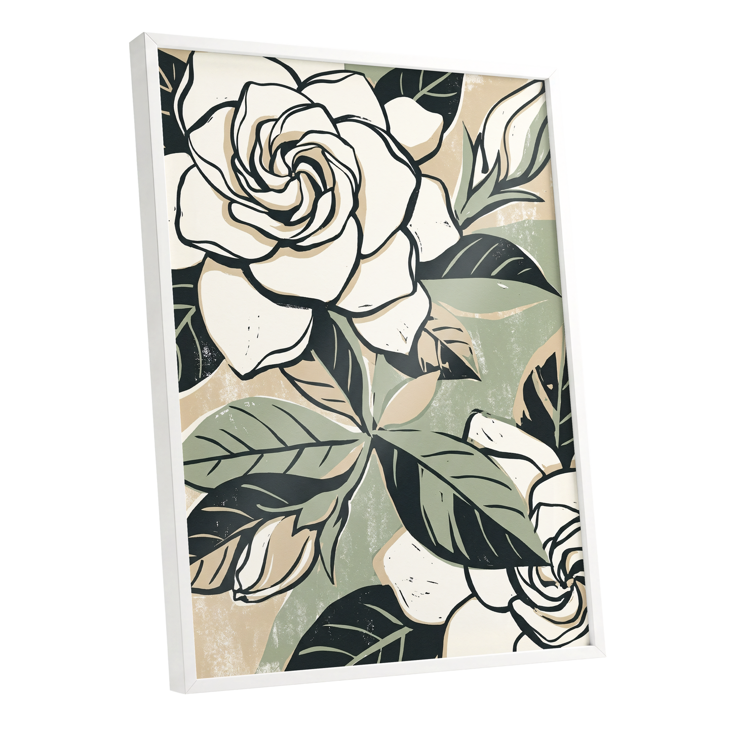 Ivory Rose Reverie, white, green, black floral wall art shown as a white framed poster wall art print