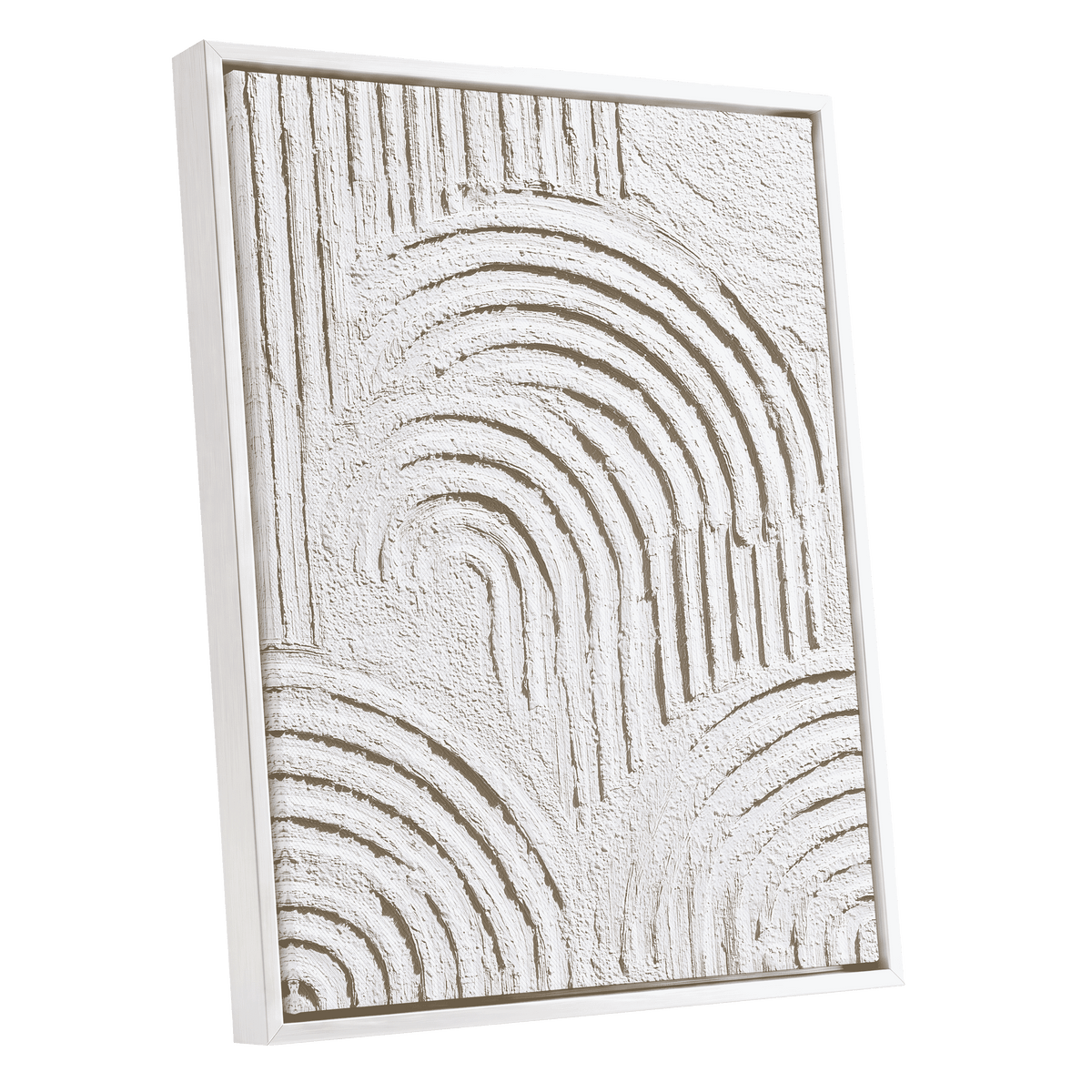 Ivory Textured Arches: framed abstract wall art featuring a textured off-white surface with concentric arch and linear patterns, shown at a slight angle against a solid white background.