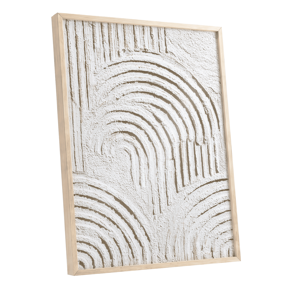 Ivory Textured Arches: framed abstract wall art featuring textured white and off-white concentric arch and vertical line patterns inside a light natural wood frame, shown on a plain white background.