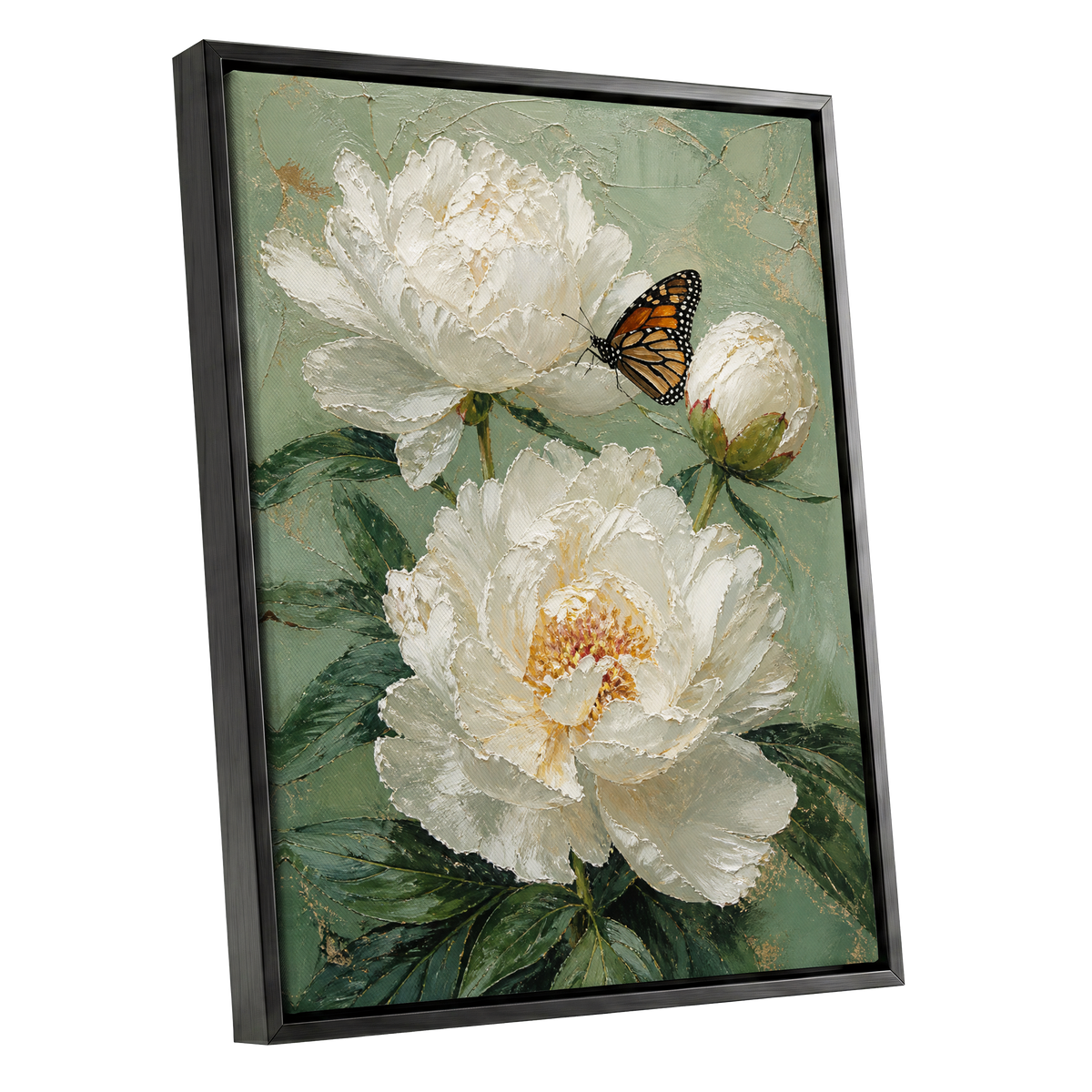 Ivory Wings in Bloom, white, green, beige floral wall art shown as a black framed canvas wall art