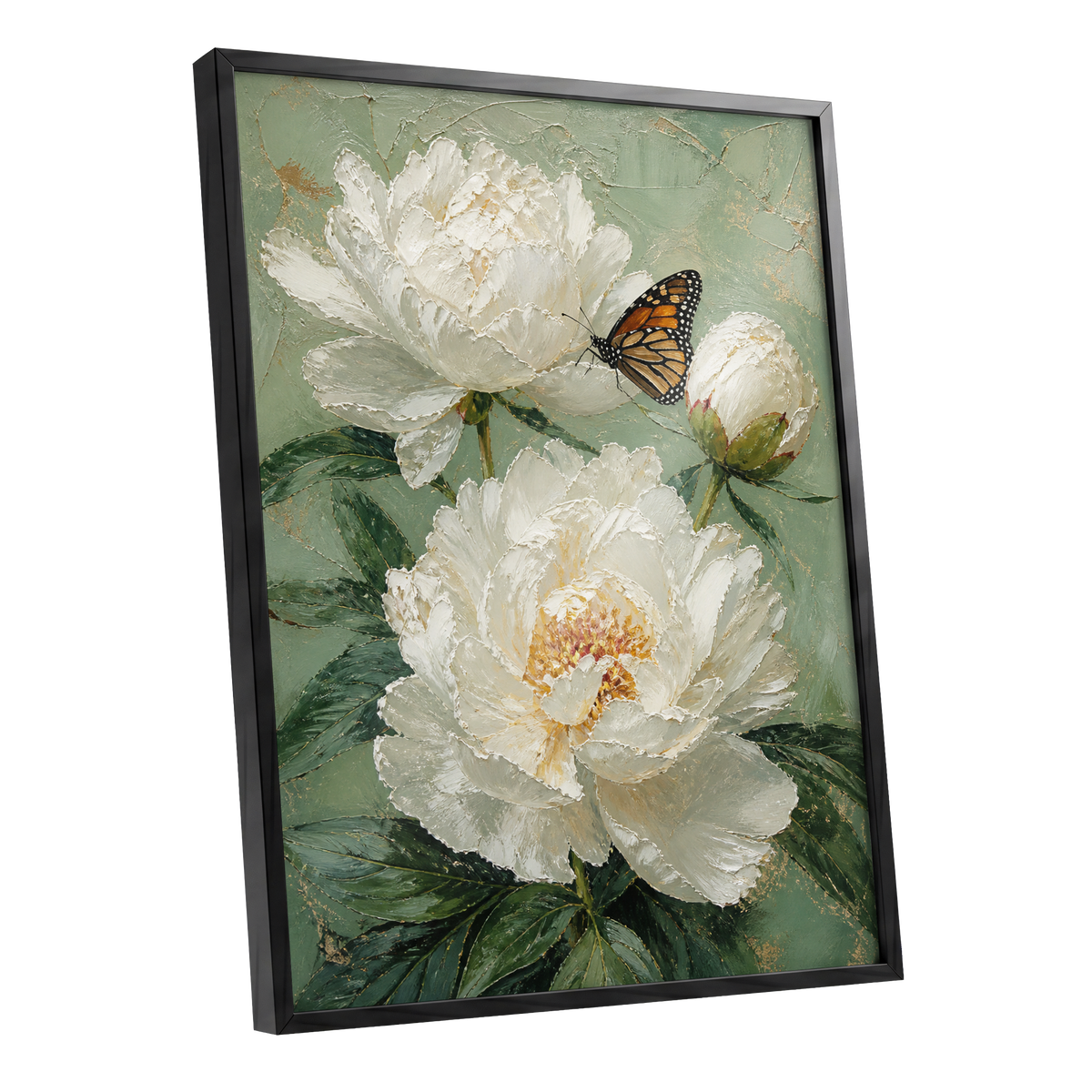 Ivory Wings in Bloom, white, green, beige floral wall art shown as a black framed poster wall art print