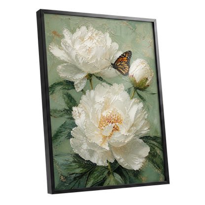 Ivory Wings in Bloom, white, green, beige floral wall art shown as a black framed poster wall art print