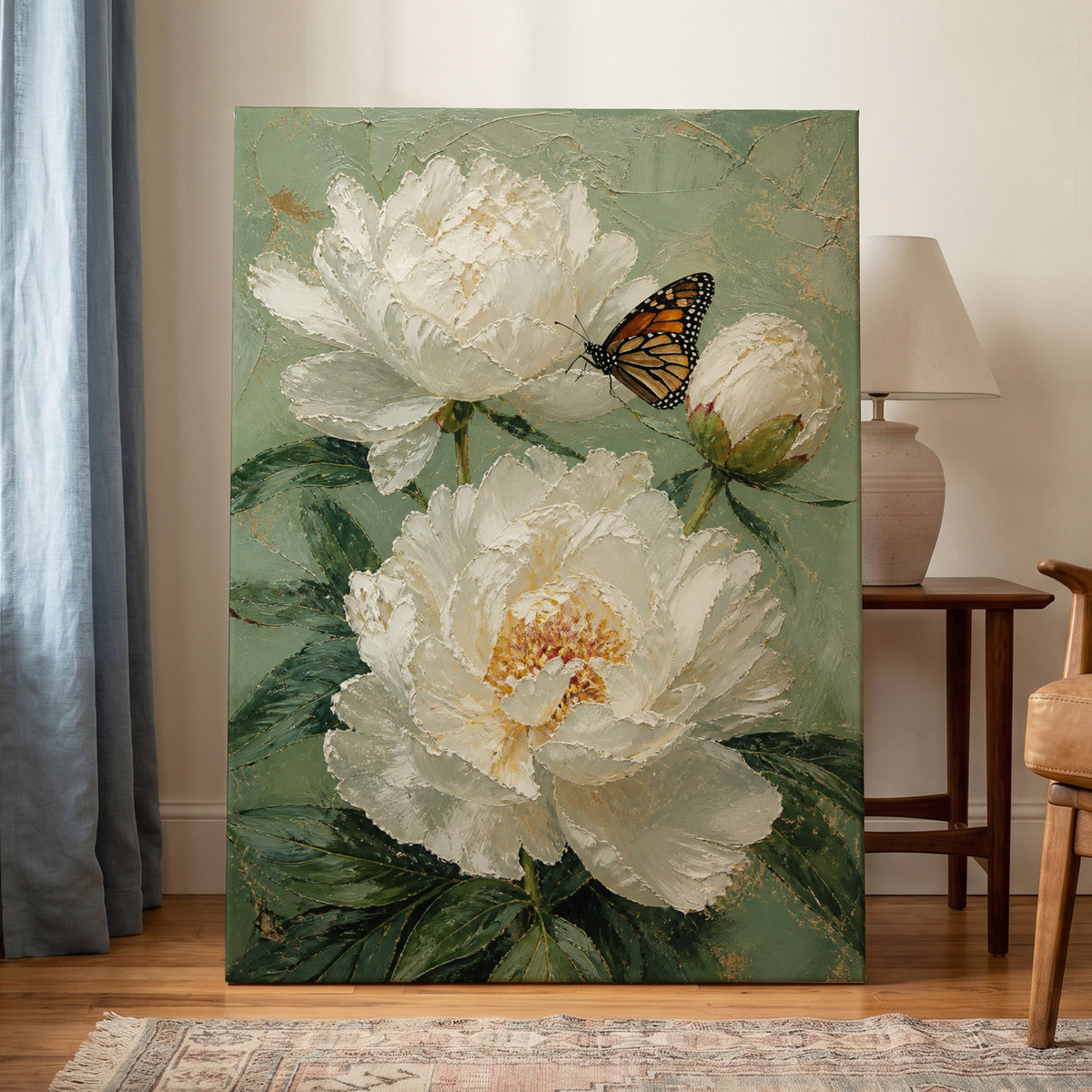 Ivory Wings in Bloom, white, green, beige floral wall art on canvas displayed in a styled interior, gallery view 1