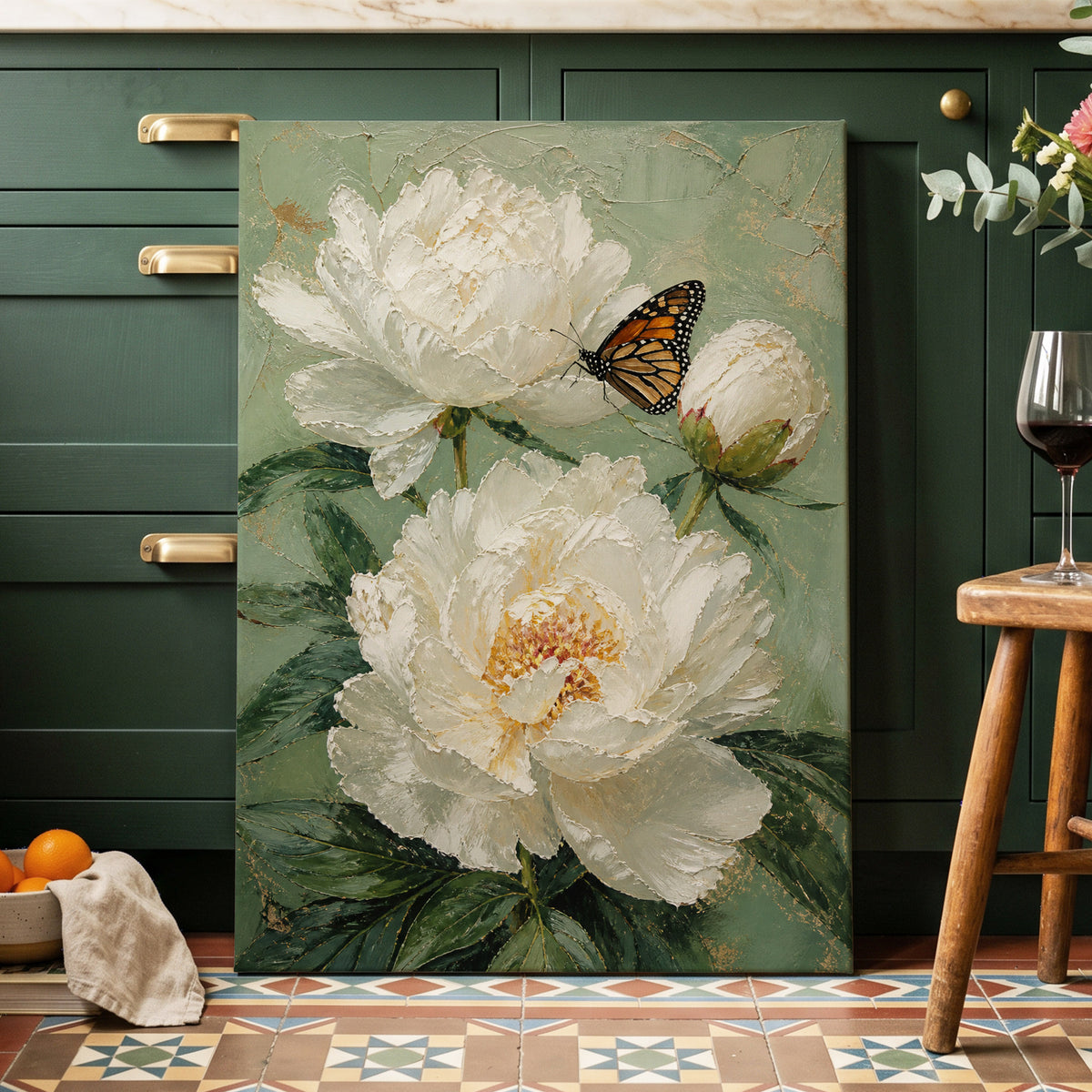 Ivory Wings in Bloom, white, green, beige floral wall art on canvas displayed in a styled interior, gallery view 2