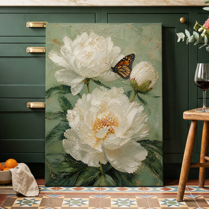 Ivory Wings in Bloom, white, green, beige floral wall art on canvas displayed in a styled interior, gallery view 2