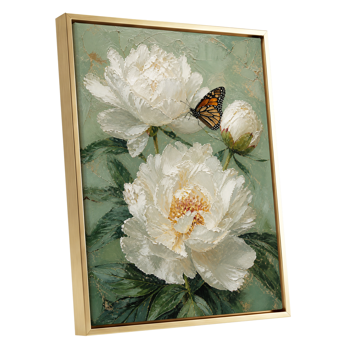 Ivory Wings in Bloom, white, green, beige floral wall art shown as a gold framed canvas wall art