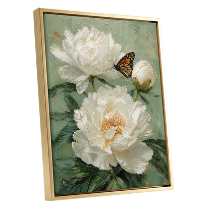 Ivory Wings in Bloom, white, green, beige floral wall art shown as a gold framed canvas wall art