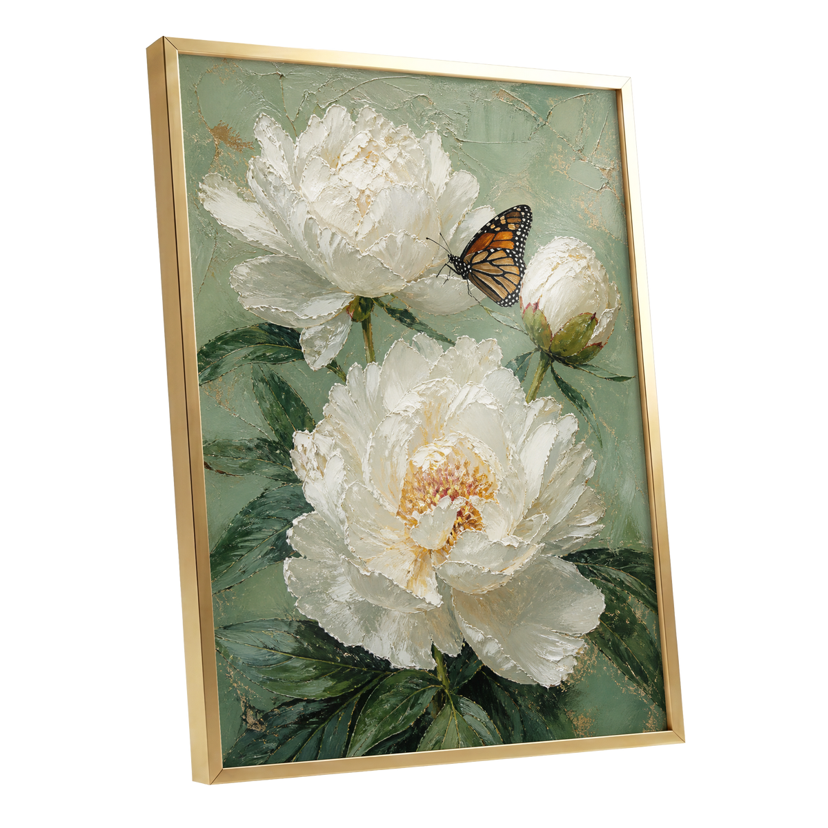 Ivory Wings in Bloom, white, green, beige floral wall art shown as a gold framed poster wall art print