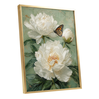Ivory Wings in Bloom, white, green, beige floral wall art shown as a gold framed poster wall art print