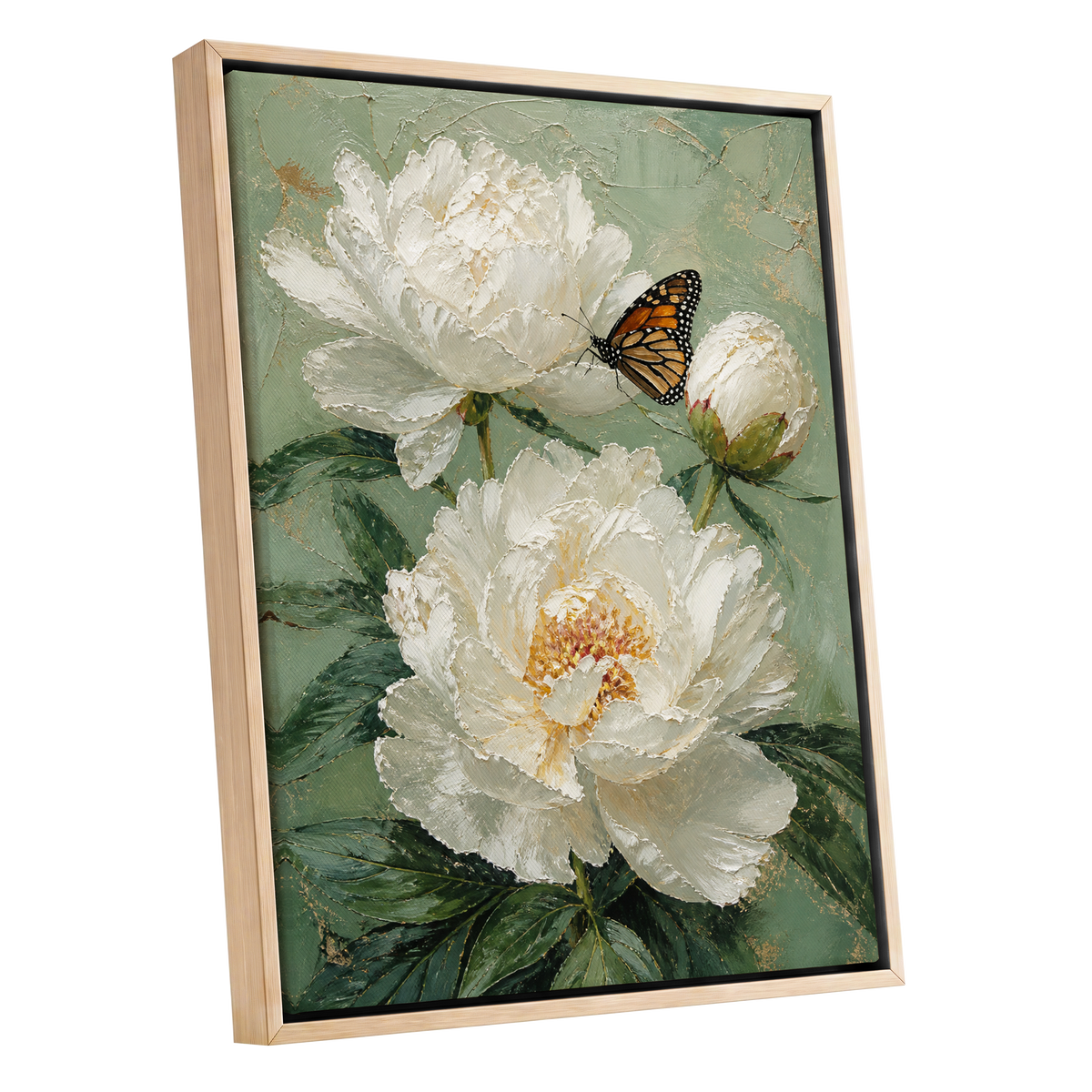 Ivory Wings in Bloom, white, green, beige floral wall art shown as a oak framed canvas wall art