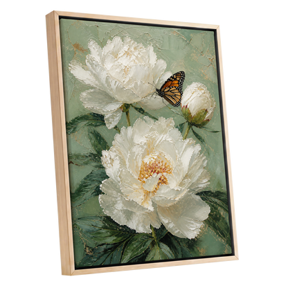 Ivory Wings in Bloom, white, green, beige floral wall art shown as a oak framed canvas wall art