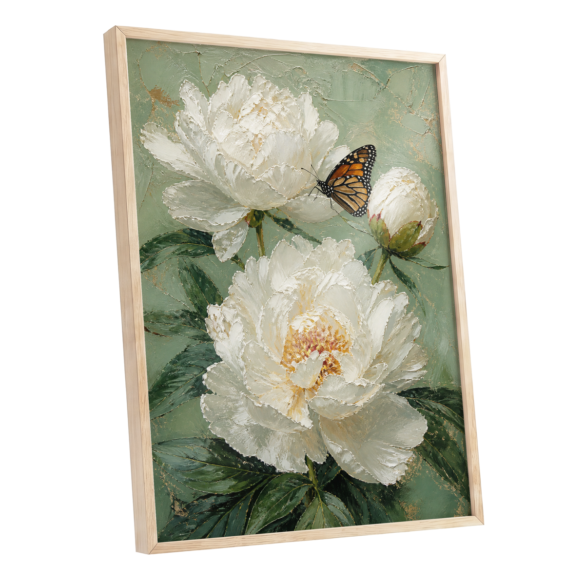 Ivory Wings in Bloom, white, green, beige floral wall art shown as a oak framed poster wall art print