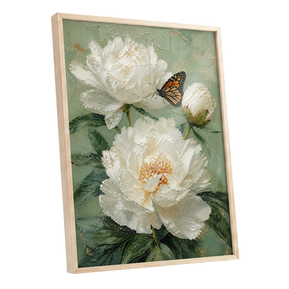 Ivory Wings in Bloom, white, green, beige floral wall art shown as a oak framed poster wall art print