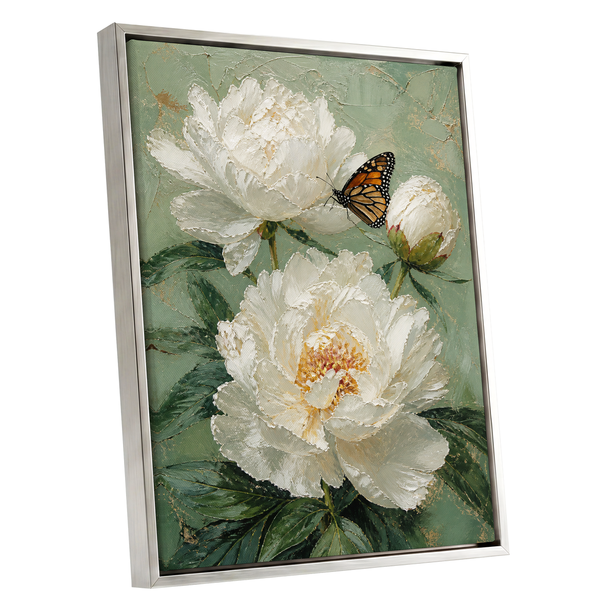 Ivory Wings in Bloom, white, green, beige floral wall art shown as a silver framed canvas wall art
