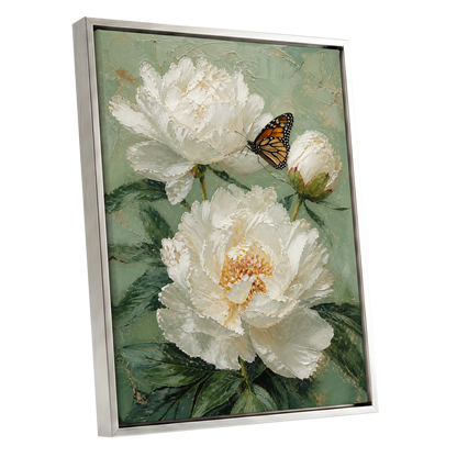 Ivory Wings in Bloom, white, green, beige floral wall art shown as a silver framed canvas wall art