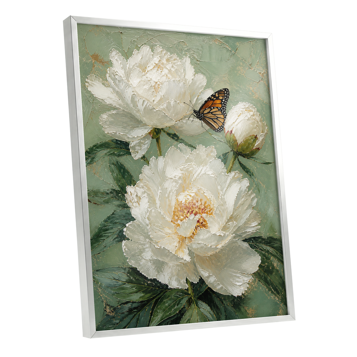 Ivory Wings in Bloom, white, green, beige floral wall art shown as a silver framed poster wall art print