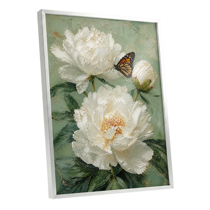 Ivory Wings in Bloom, white, green, beige floral wall art shown as a silver framed poster wall art print