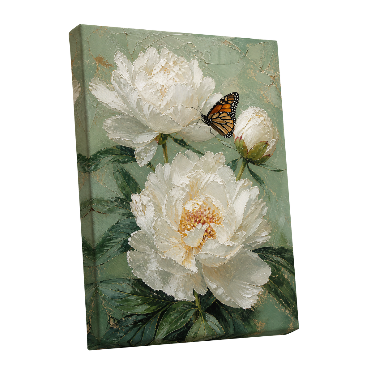Ivory Wings in Bloom, white, green, beige floral wall art shown as a stretched canvas wall art