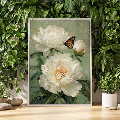 Ivory Wings in Bloom, white, green, beige floral wall art displayed in a styled interior, gallery view 1