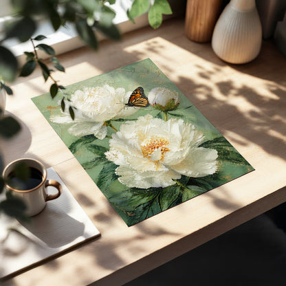 Ivory Wings in Bloom, white, green, beige floral wall art displayed in a styled interior, gallery view 2