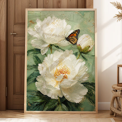 Ivory Wings in Bloom, white, green, beige floral wall art displayed in a styled interior, gallery view 3