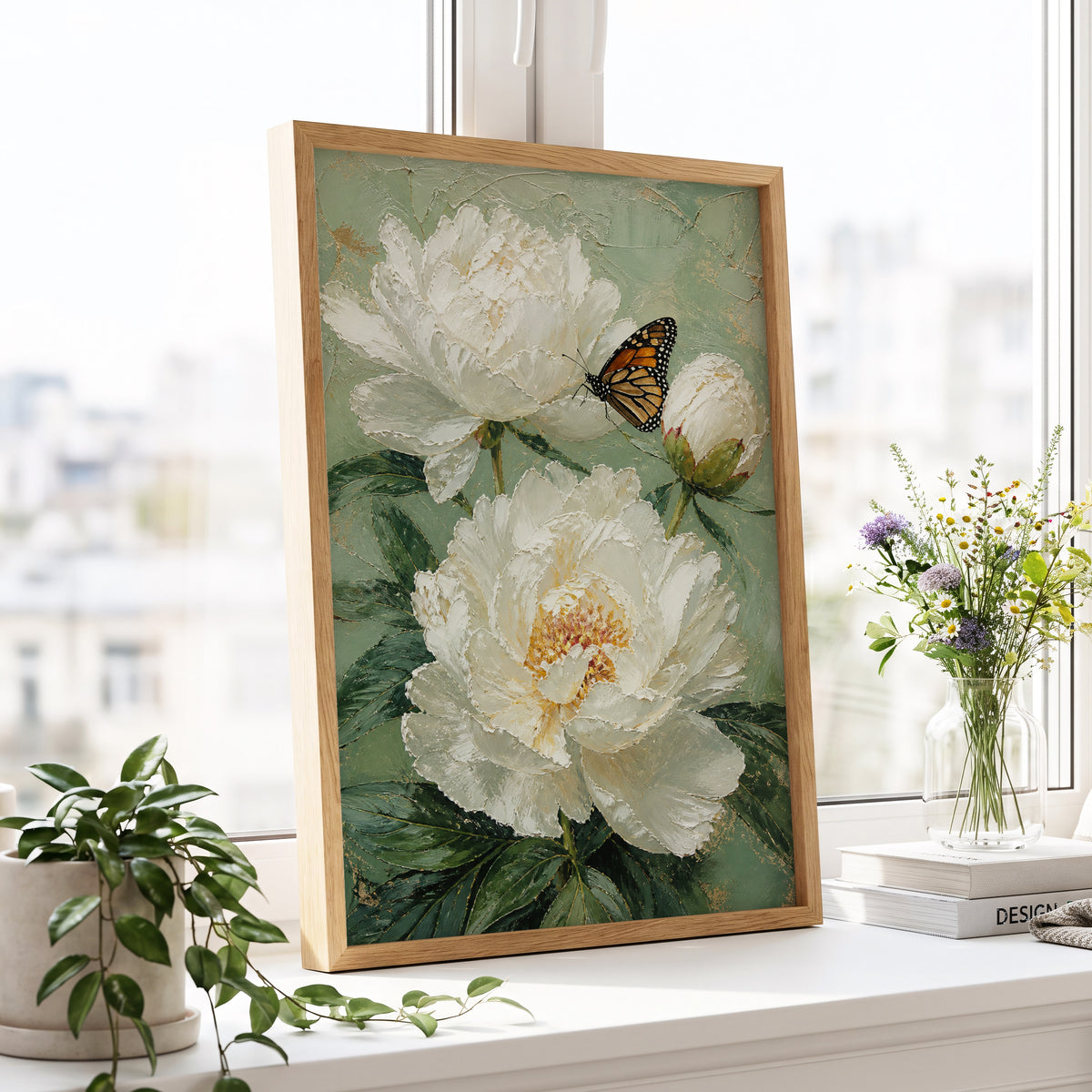 Ivory Wings in Bloom, white, green, beige floral wall art displayed in a styled interior, gallery view 4