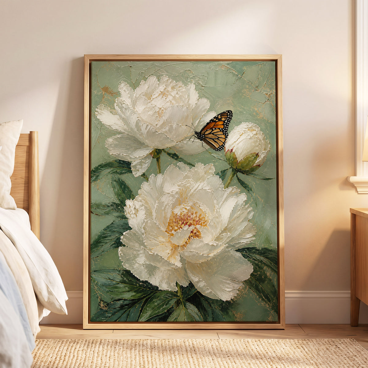 Ivory Wings in Bloom, white, green, beige floral wall art displayed in a styled interior, gallery view 5