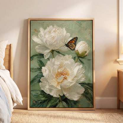 Ivory Wings in Bloom, white, green, beige floral wall art displayed in a styled interior, gallery view 5