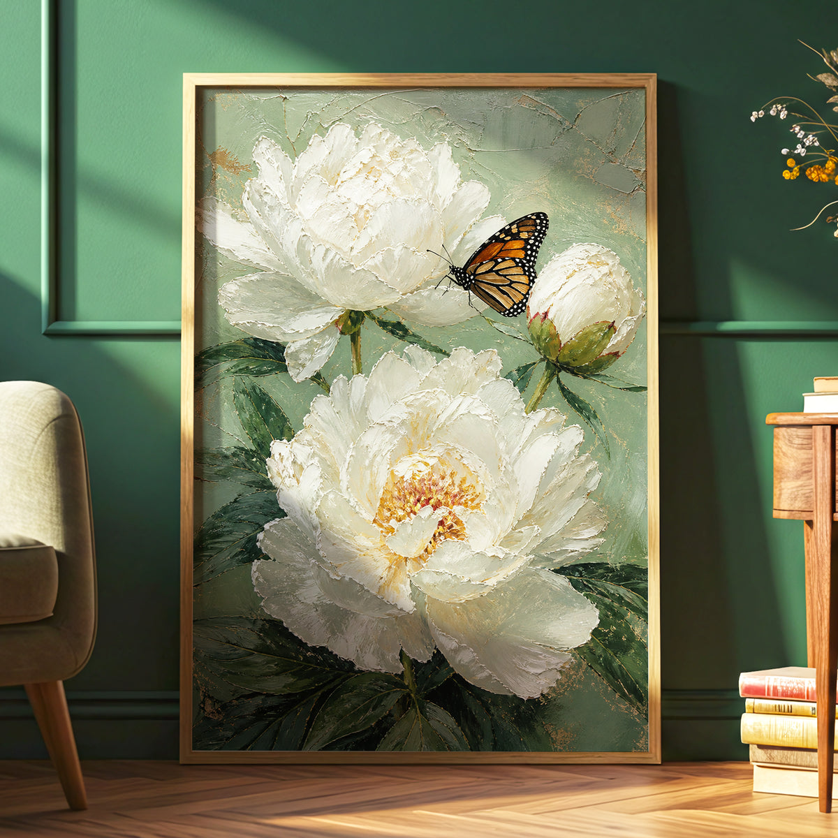Ivory Wings in Bloom, white, green, beige floral wall art displayed in a styled interior, gallery view 6