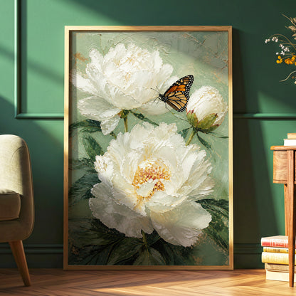 Ivory Wings in Bloom, white, green, beige floral wall art displayed in a styled interior, gallery view 6