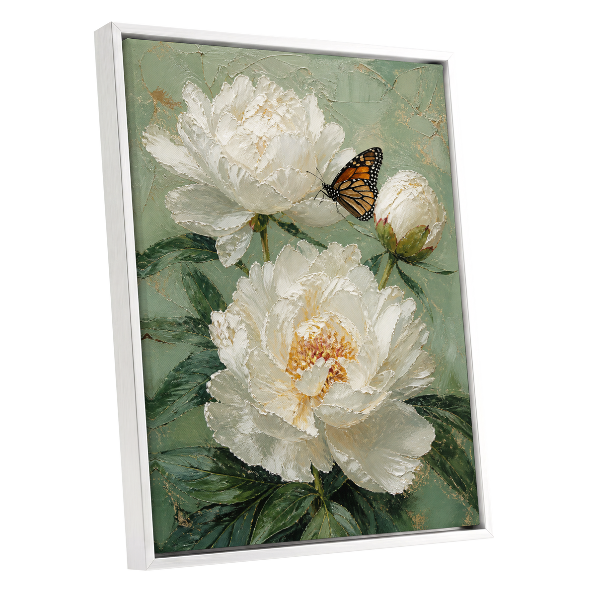 Ivory Wings in Bloom, white, green, beige floral wall art shown as a white framed canvas wall art