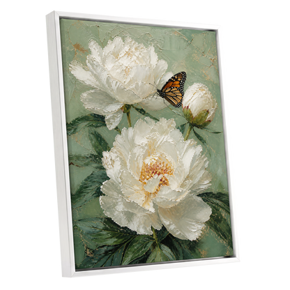 Ivory Wings in Bloom, white, green, beige floral wall art shown as a white framed canvas wall art