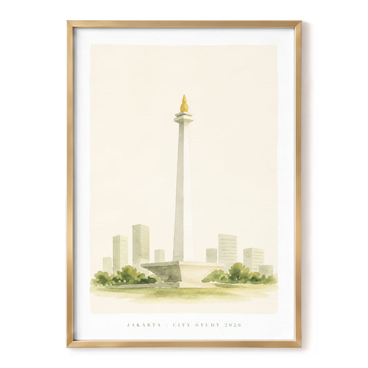 Jakarta Golden Spire, beige, green, gray minimalist wall art, front artwork view