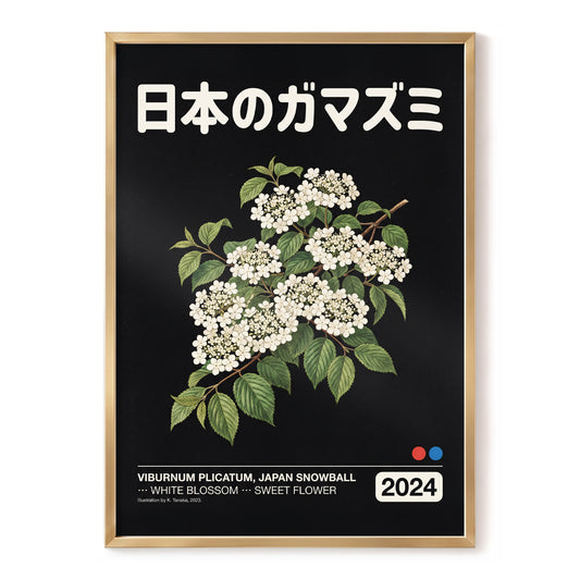 Japan Snowball Nocturne, black, green, white floral wall art, front artwork view